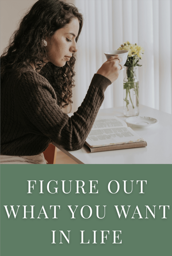 An image of a woman reading a journal. the words "figure out what you want in life" is written at the bottom on a green background