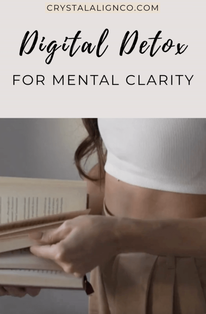 A woman holding an open book with the works "Digital Detox for Mental Clarity" at the top on a neutral background