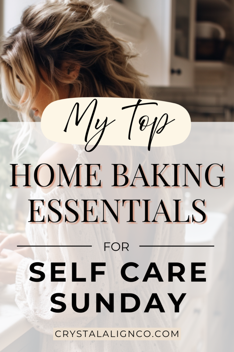 A woman baking at her kitchen counter. the words "my top home baking essentials for self care sunday" appear on the screen