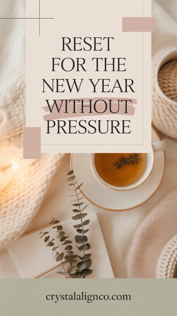 Cozy neutral-toned flat lay featuring a cup of tea, soft knitted blankets, and an open notebook with eucalyptus leaves, overlaid with the text “Reset for the New Year Without Pressure” and the website crystalalignco.com, creating a calm, gentle self-care and New Year reset aesthetic