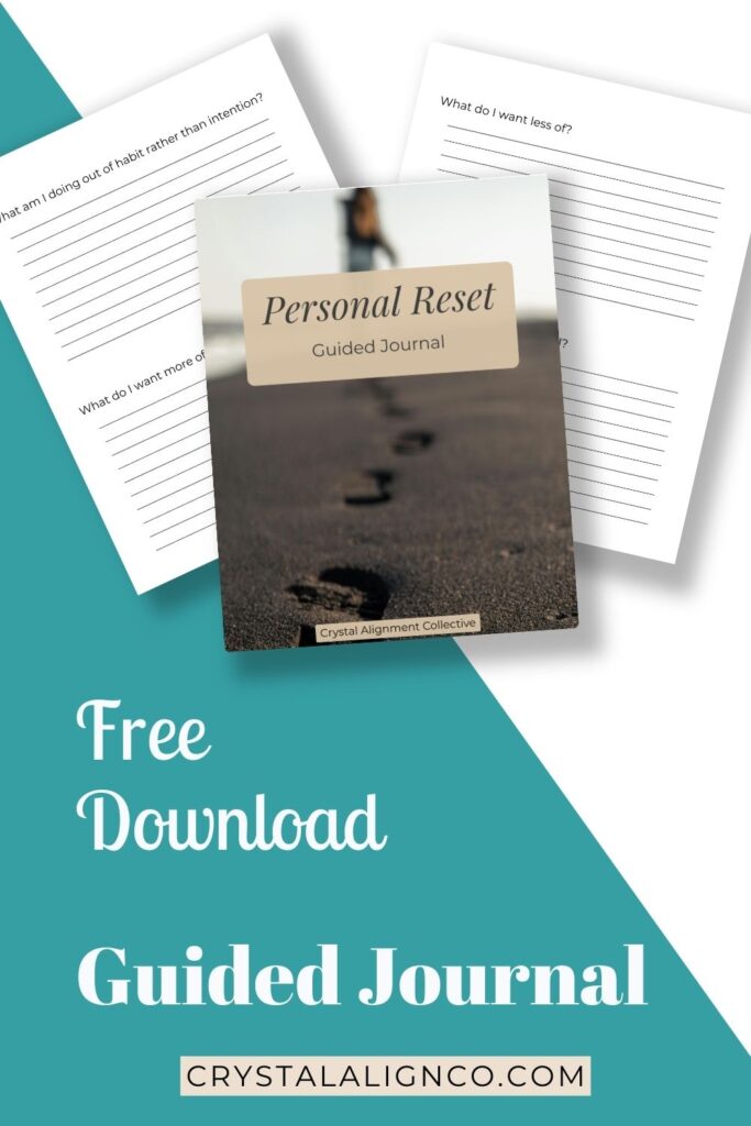 Cover image showing a “Personal Reset: Guided Journal” by Crystal Alignment Collective placed over journaling prompt pages, with a teal background and text reading “Free Download Guided Journal