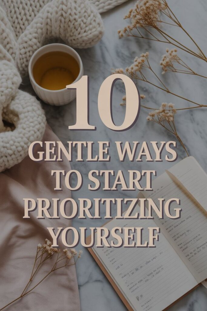 Cozy flat lay featuring a warm cup of tea, a chunky knit blanket, dried flowers, and an open journal on a marble surface. Overlaid text reads 10 gentle ways to start prioritizing yourself,