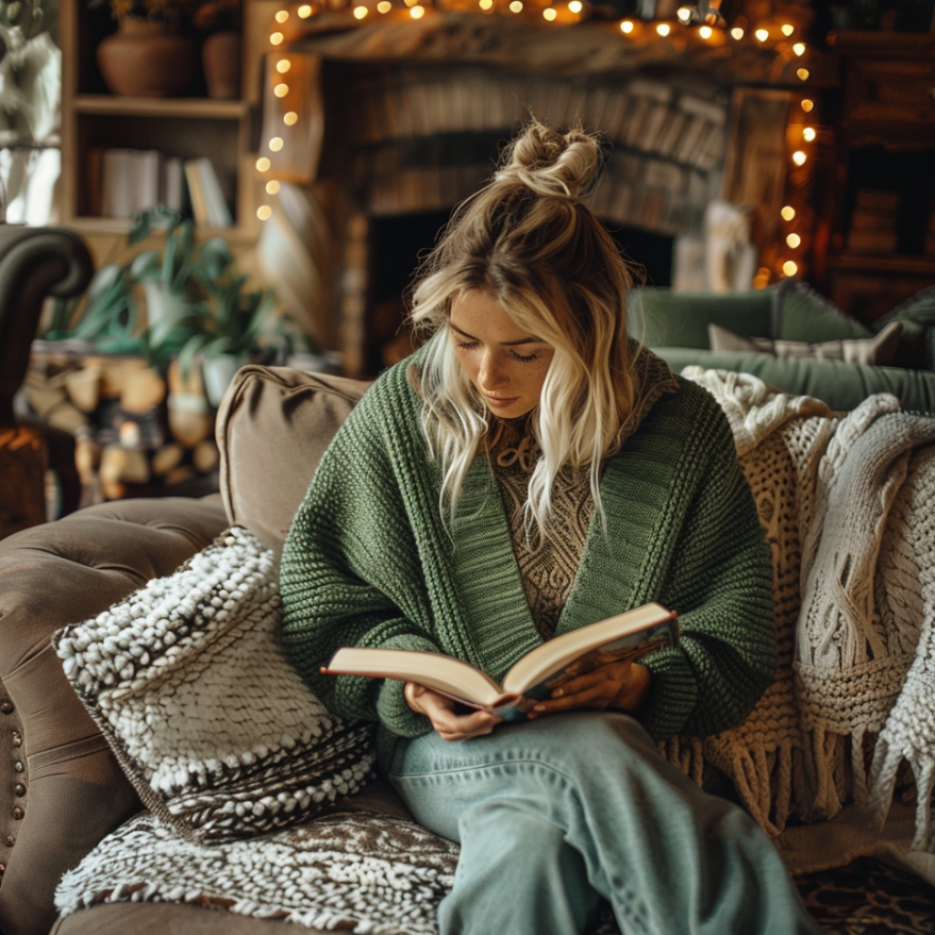 A woman sitting on a couch in a cozy livingroom reading a book