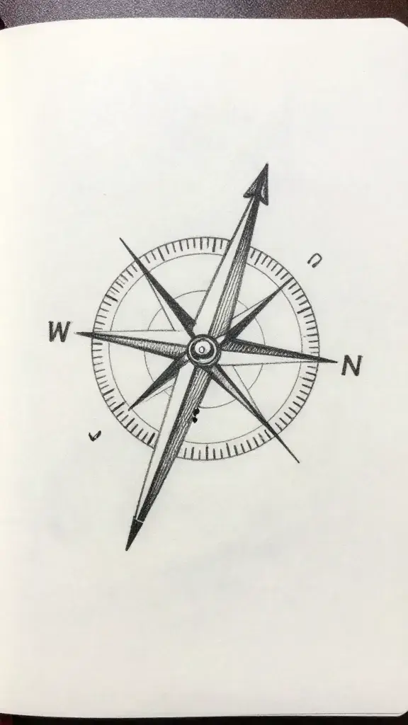 a handwritten journal page with a single compass