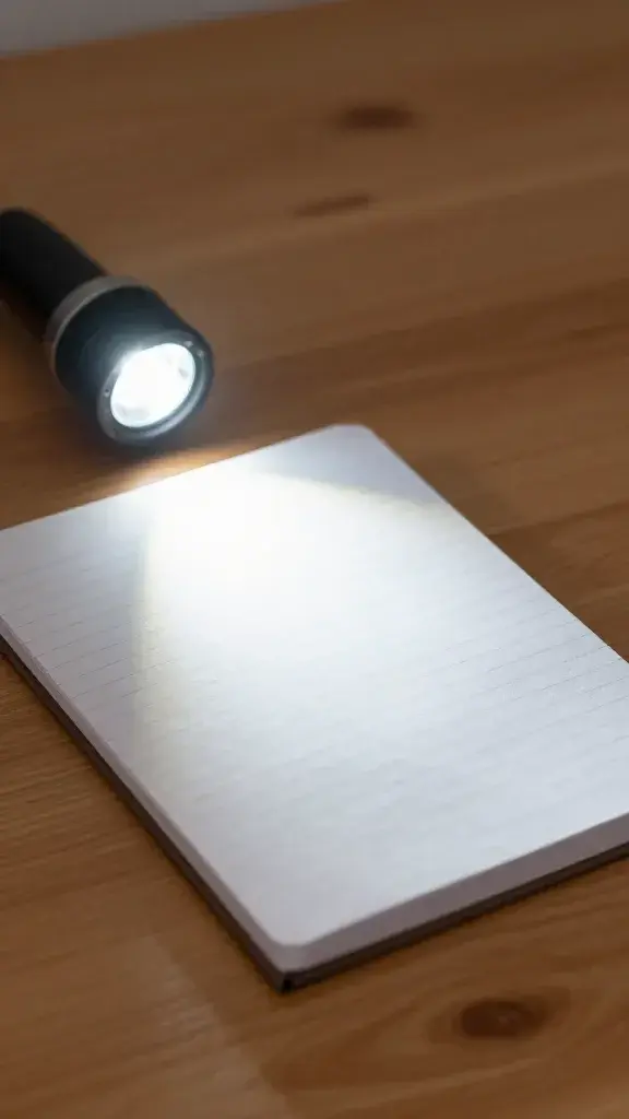 Closeup of a lone notebook on a wooden desk with a focused flashlight beam