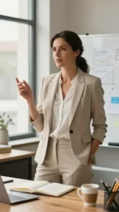 A photo of a confident, adult woman standing in an office. She stands near a large window with soft natural light, a whiteboard in the background filled with growth mindset notes and simple graphs, and a wooden desk with a few open notebooks, a cup of coffee, and a pencil holder. The scene conveys momentum and resilience: she is in a thoughtful pose, one hand slightly raised as if presenting or guiding herself, representing the shift from fixed to growth mindset.