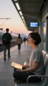 A calm woman seated cross-legged on a quiet train platform at dusk, holding a small book in their lap. The subject’s posture is relaxed yet attentive, with eyes gently toward the horizon and a subtle, peaceful smile. Surroundings include a clean, modern bench, a digital timetable softly illuminated, and a distant city skyline.