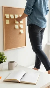 a person standing at the center of a sunlit workspace The person is reaching for a small sticky note on a corkboard that reads “Tiny Wins”. Nearby, a clean desk hosts a pen, a mug, and a small plant. The color palette is warm and inviting.