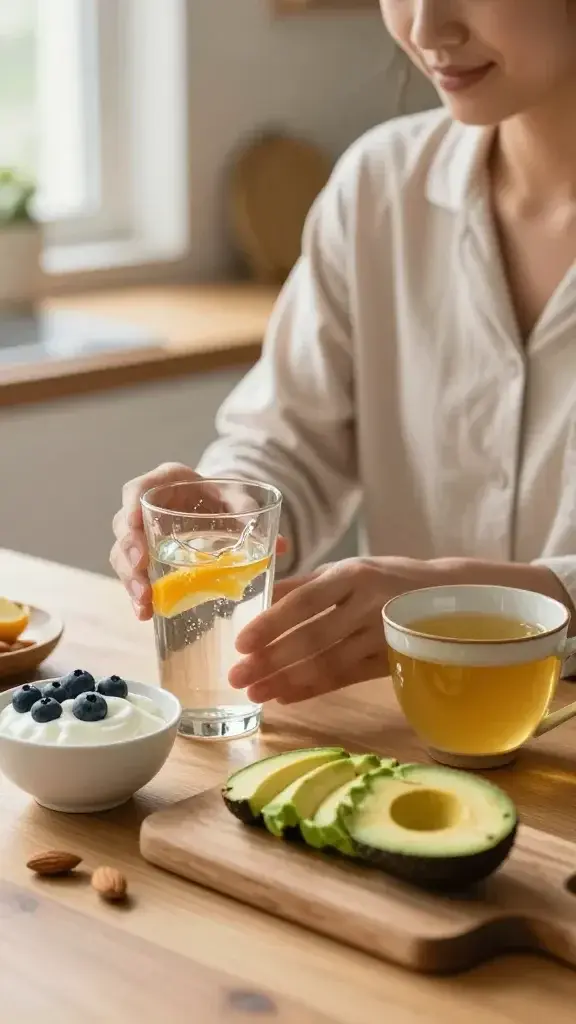 a woman sits at a kitchen table with a glass of water with a splash of citrus, beside a small bowl of yogurt topped with blueberries and almonds, and an avocado on a wooden board.