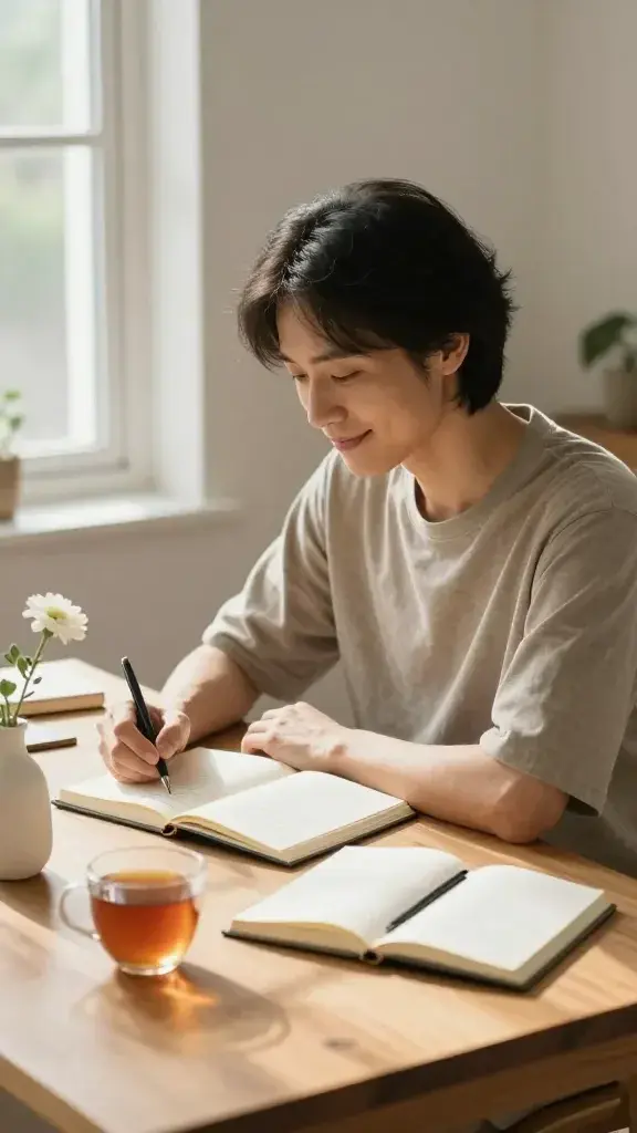 a person seated at a tidy wooden desk by a sunlit window, journaling.