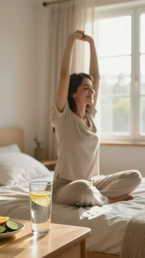 A woman sits in bed stretching with her arms above her head. The curtains are open and there is a glass of water with a slice of lemon in it beside the bed on a side table.