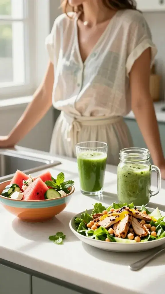 a woman stands at a kitchen counter. On the counter is two green smoothies, a bowl of chicken and chickpea salad, and a bowl of watermelon, cucumber, mint salad.