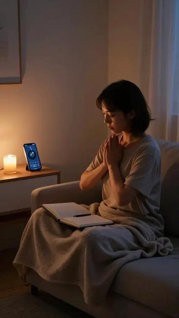a woman sits cross-legged on the couch with a blanket on her lap. she is in a praying/meditation pose with her hands. a timer and candle sit beside her on a table and an open journal in her lap.