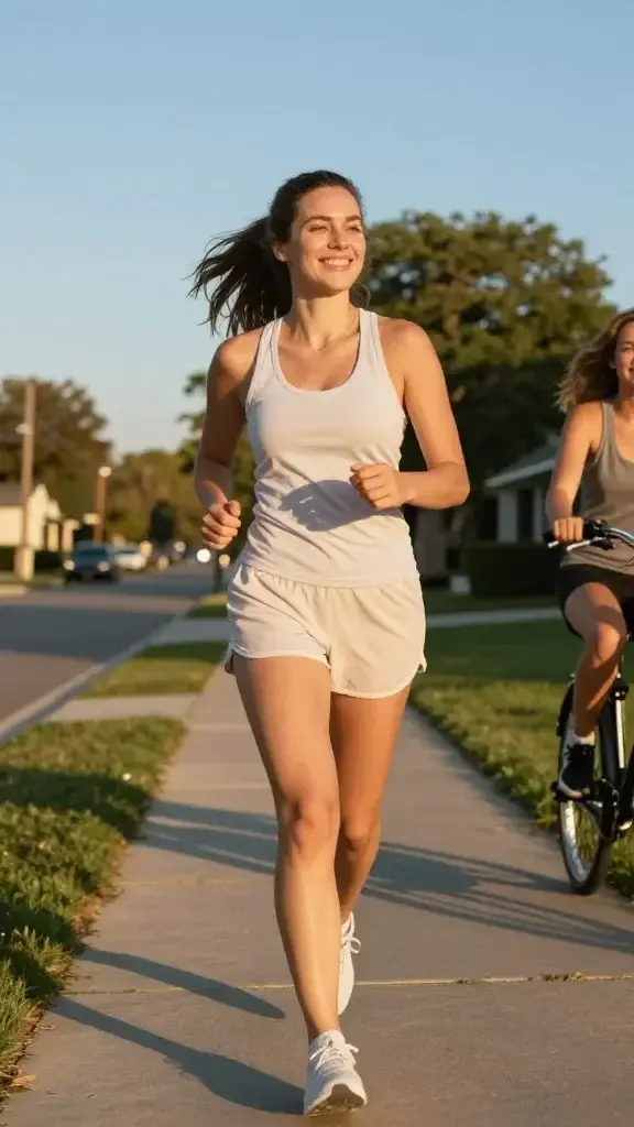a woman happily jogging on a sidewalk with her friend riding a bike beside her.