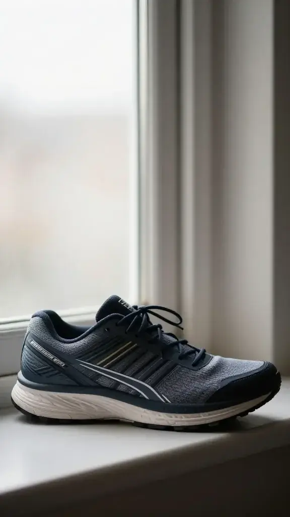 Closeup of a lone running shoe by an open window with morning light