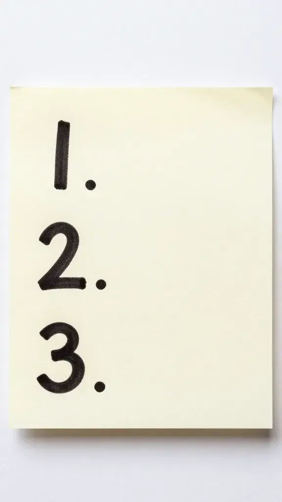 Closeup of a single to-do note with bold numbered list “1. 2. 3.” 