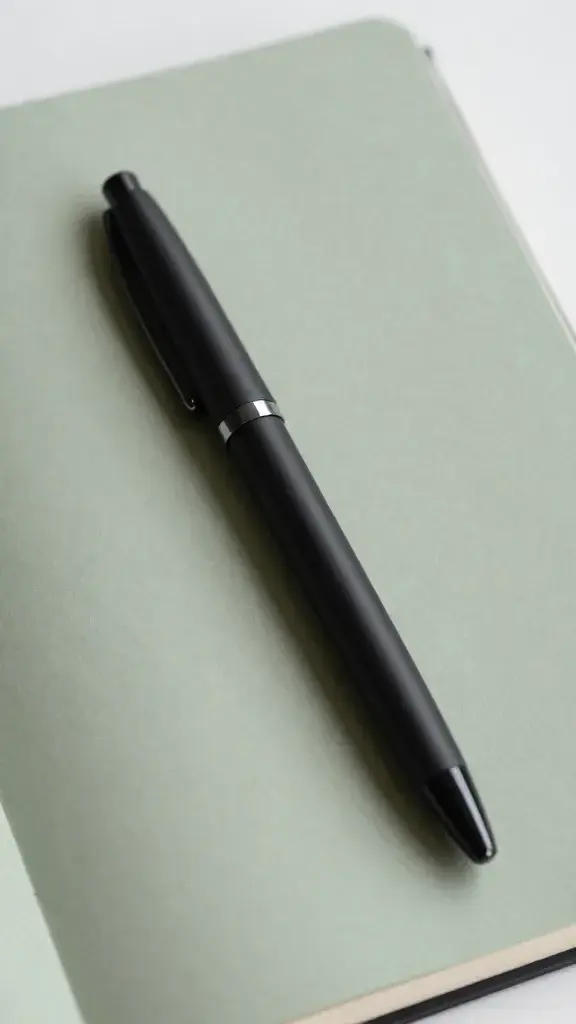 closeup of a single minimalist black pen resting on a sage-tinged journal page