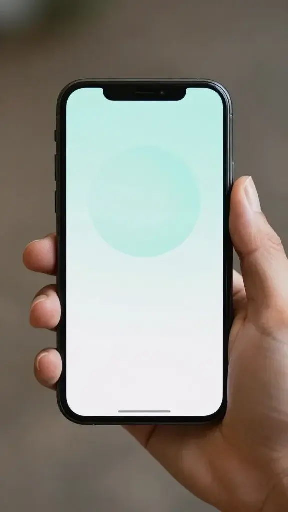 closeup of a single hand holding a smartphone screen showing a calm breathing app