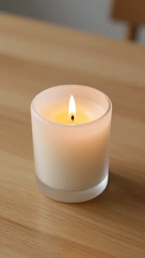 closeup of a single lit candle on a tidy wooden desk