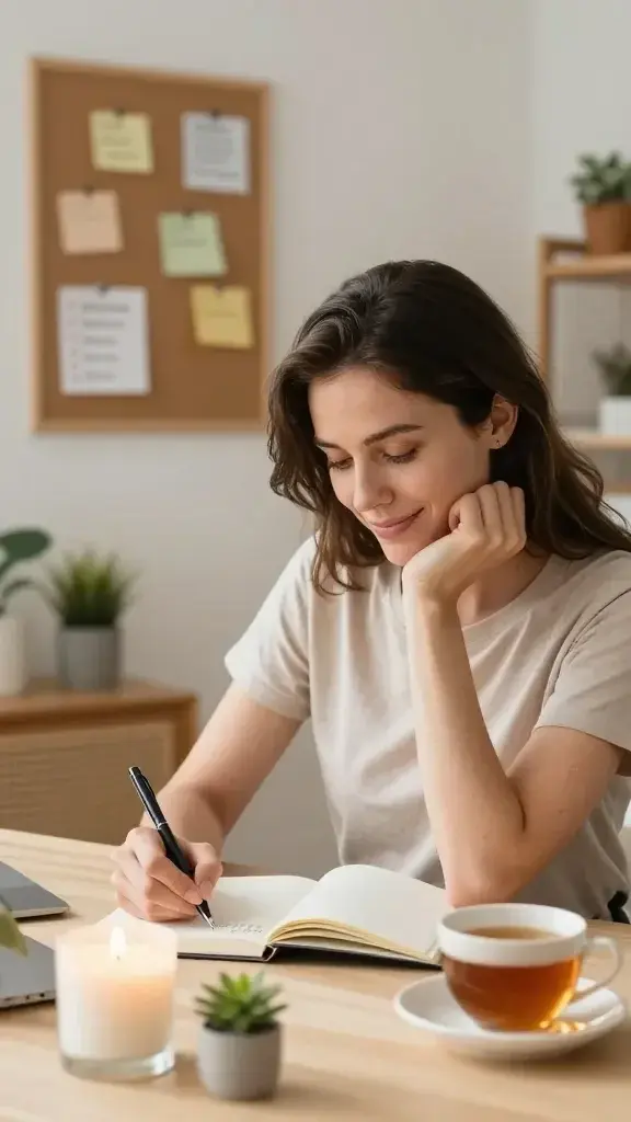 A realistic, high-quality photograph of a thoughtful, modern woman seated at a cozy, sunlit desk in a softly lit home office. She is smiling gently as she writes in a white notebook with a pen, surrounded by subtle self-care elements: a scented candle, a small potted plant, a cup of tea, and a corkboard with gentle, encouraging notes and a few simple checklist prompts. The scene conveys calm reflection and self-kindness, with warm, natural tones, clean lines, and a serene, uncluttered atmosphere. The subject appears confident and at ease, embodying the concept of a Kindness Audit in a single, candid moment. No text visible in the image.