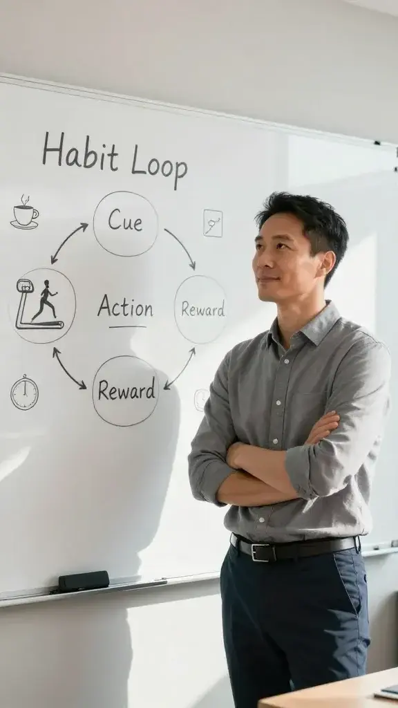 Create a realistic, high-quality photo of a poised, confident adult standing at a whiteboard in a modern, sunlit office. On the whiteboard, depict a clean, organized “Habit Loop” diagram with three labeled segments: Cue, Action, Reward, connected in a circular flow. Surround the diagram with small, subtle icons representing daily tiny routines (e.g., a coffee cup for morning ritual, a treadmill silhouette for movement, a clock for time blocks). The subject should be mid-30s, casually professional, looking thoughtfully at the diagram, with a calm, encouraging expression that conveys methodical progress. The scene should feel NASA-like in its precision and clarity but approachable, using natural light, neutral tones, and shallow depth of field to emphasize the subject and the habit-loop visuals. No text on the image.