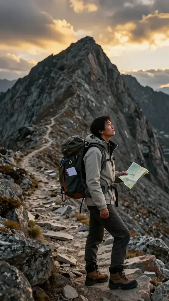 A realistic, high-quality photo of a focused, determined individual standing at the base of a towering, rugged mountain range at dusk. The person, a mid-career researcher or teacher-turned-survivor, wears practical hiking gear (weathered backpack, sturdy boots, light jacket) and gazes upward toward the peak with a calm, resolute expression. The scene conveys grit and perseverance: the sky has dramatic clouds tinged with gold, a winding rocky path leads toward the summit, and subtle signs of deliberate practice—carabiner, a notebook tucked in the backpack, a well-worn map—hint at disciplined preparation. The lighting emphasizes texture and endurance: the climber’s silhouette sharp against the mountain, the trail cut into the rock, and a sense of momentum and long-haul commitment without any immediate payoff, capturing the core message of enduring effort over talent. No text or logos.