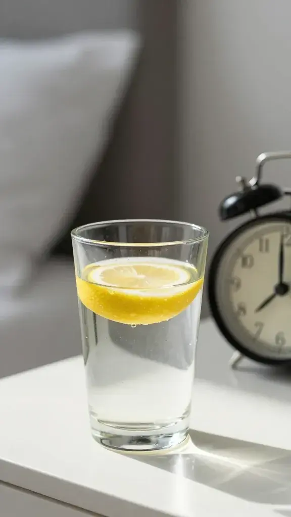 closeup of a glass of water with lemon on a bedside table, morning light