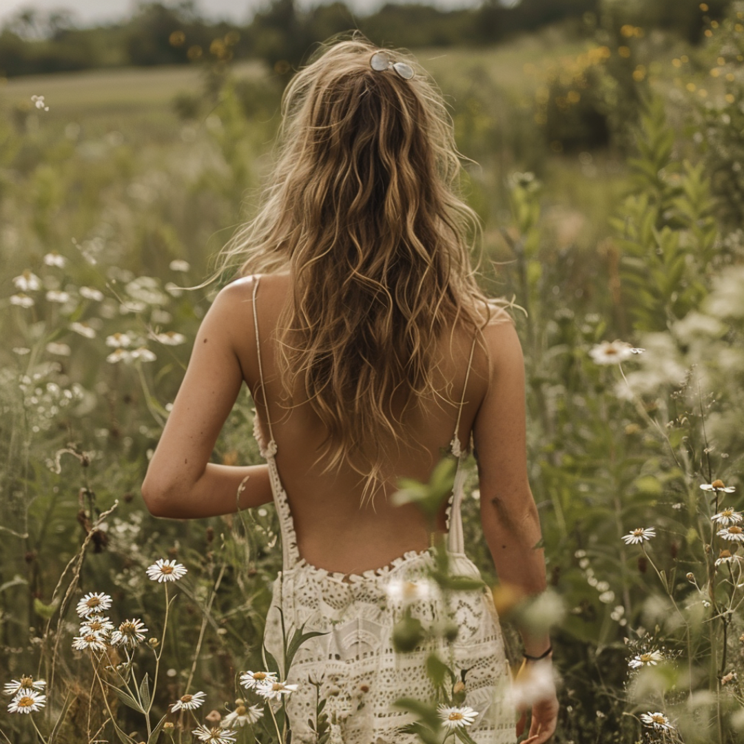 A woman walking through a field of flowers and tall grass