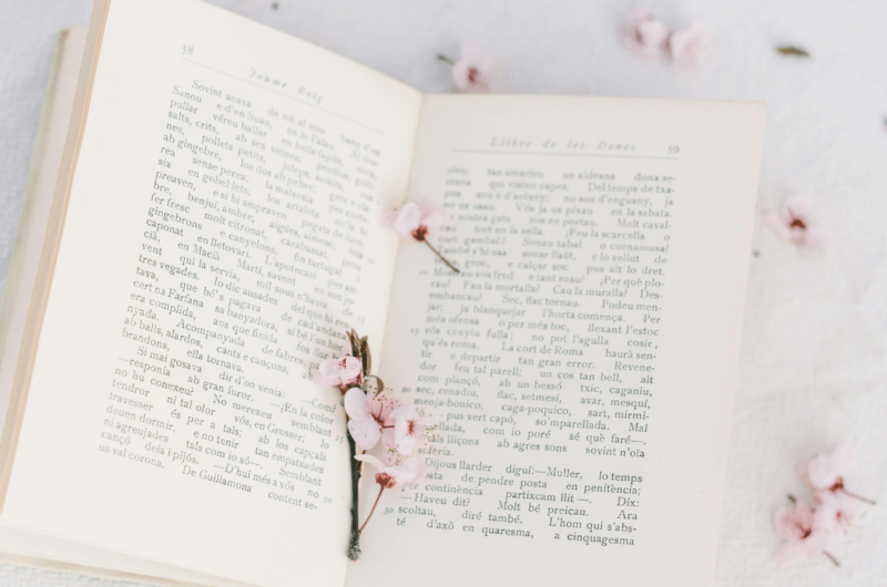an open book with flowers around it