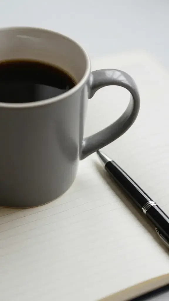 Closeup of a single coffee mug beside a journal and pen,