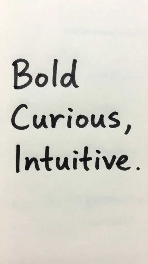 notebook page with the words: Bold, Curious, Intuitive.
