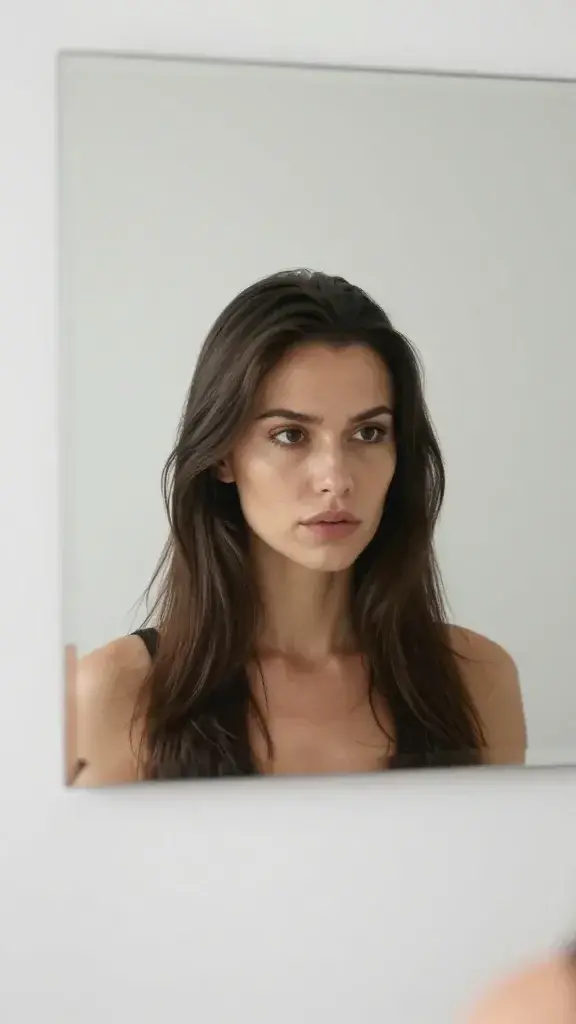 Closeup of a lone mirror with a womans confident reflection