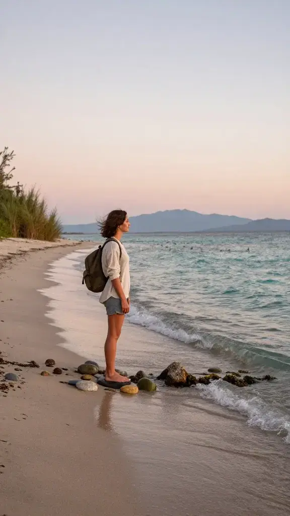 A serene traveler standing at the edge of a shoreline at dusk.