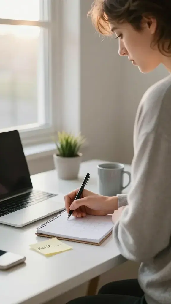 A person standing in a home office at sunrise, jotting a small note on a calendar with a pen; a plant and a mug beside a sleek laptop, warm natural light streaming through a window, the person looking focused and calm; the scene conveys starting a habit with a tiny first step, embodying consistency and momentum.