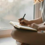 a woman sitting in a window writing in a journal