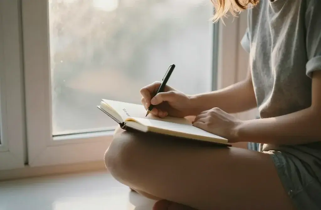 a woman sitting in a window writing in a journal