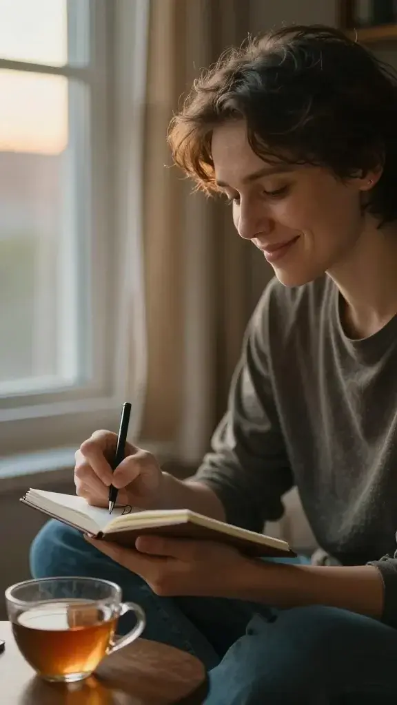 A candid, high-resolution photo of a thoughtful person sitting near a sunlit window at dusk, writing in a small notebook with a content smile.