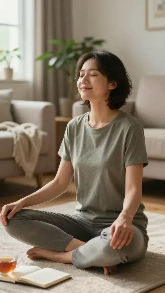 A realistic, high-quality photo of a calm, content person sitting cross-legged on a cozy rug in a softly lit living room, illuminated by warm natural light from a nearby window.