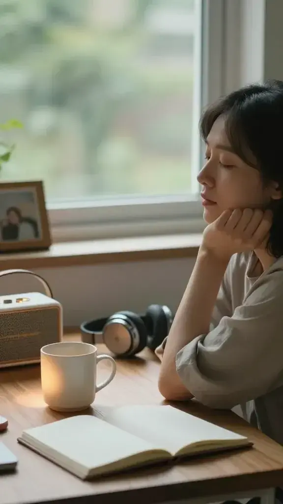 A realistic high-quality photo of a tranquil, cozy desk nook in soft natural light, featuring a calm, composed adult seated with relaxed shoulders, eyes closed in a moment of listening. In the foreground, a small, open notebook rests on a wooden surface beside a softly glowing ceramic mug and a vintage portable speaker emitting a faint, warm glow. A pair of over-ear headphones rest nearby, with a subtle aura suggesting a calming soundscape filling the air. In the background, a window reveals a muted, serene outdoor scene with gentle greenery, while a small, framed photo hints at a comforting memory. The overall mood is peaceful and intimate, evoking a personal sensory anchor that quiets a noisy mind. No text.