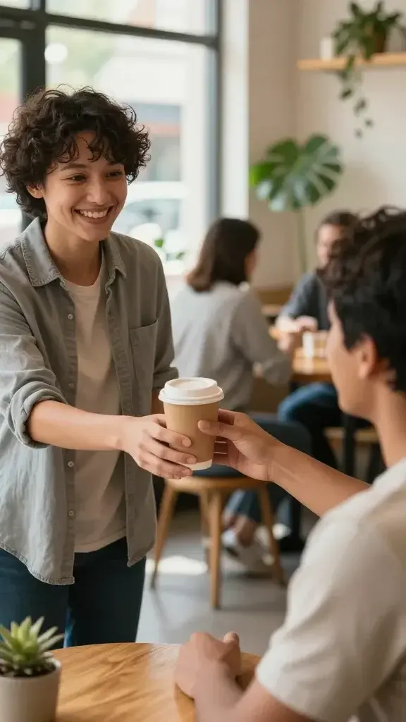 A person giving someone else a coffee