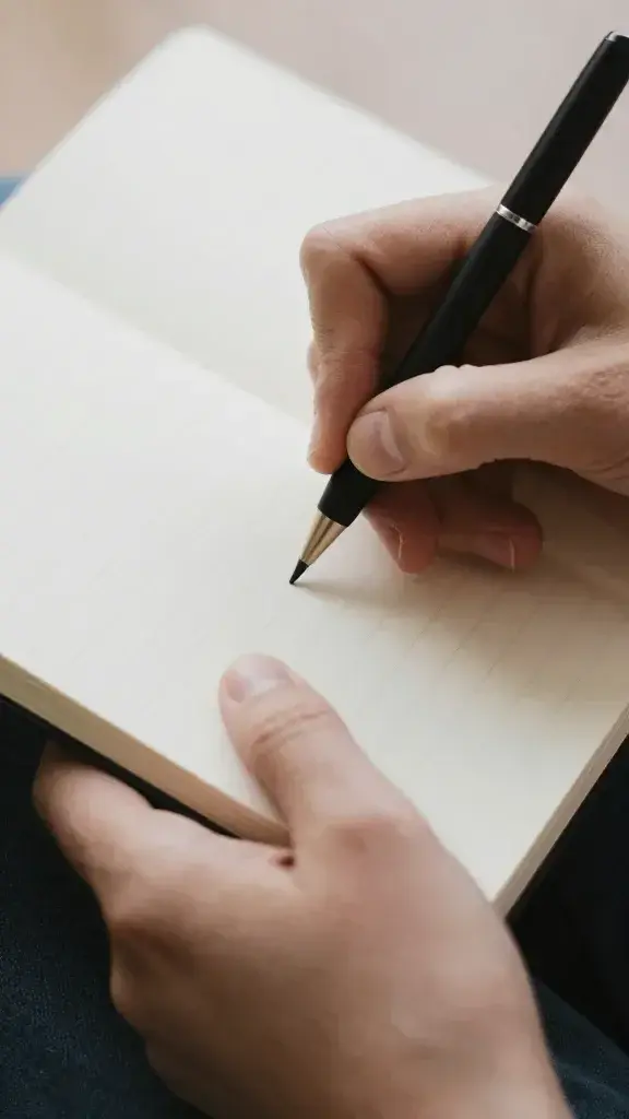 Closeup of a person journaling, hands gripping a notebook gently