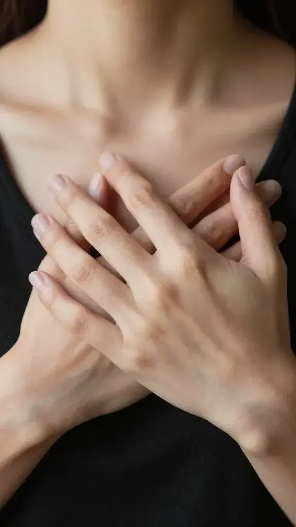 closeup of a calm adult hand over heart, warm lighting