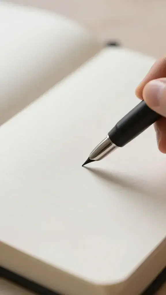 closeup of an open journal page, gentle pen stroke, focused foreground