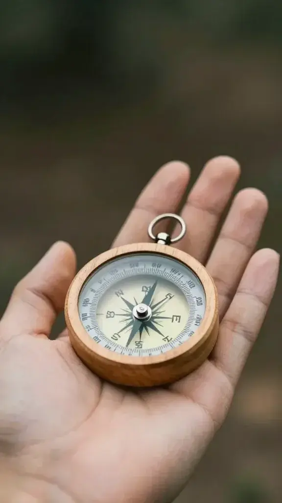 Closeup of a calm adult hand holding a small wooden compass