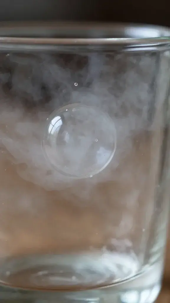 Closeup of a solitary breath bubble in misty glass mug