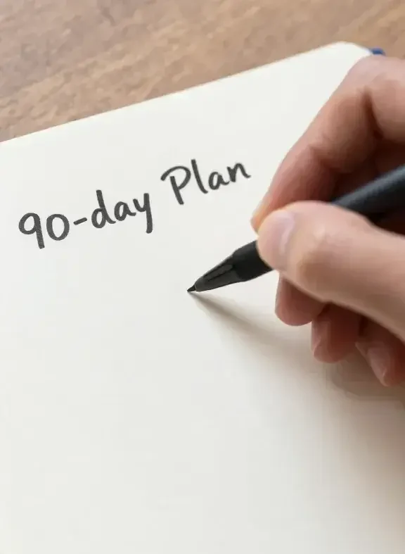 Closeup of a hand writing a 90-day plan on a clean notebook