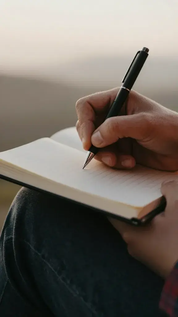 Closeup of a person writing in a small journal at dawn
