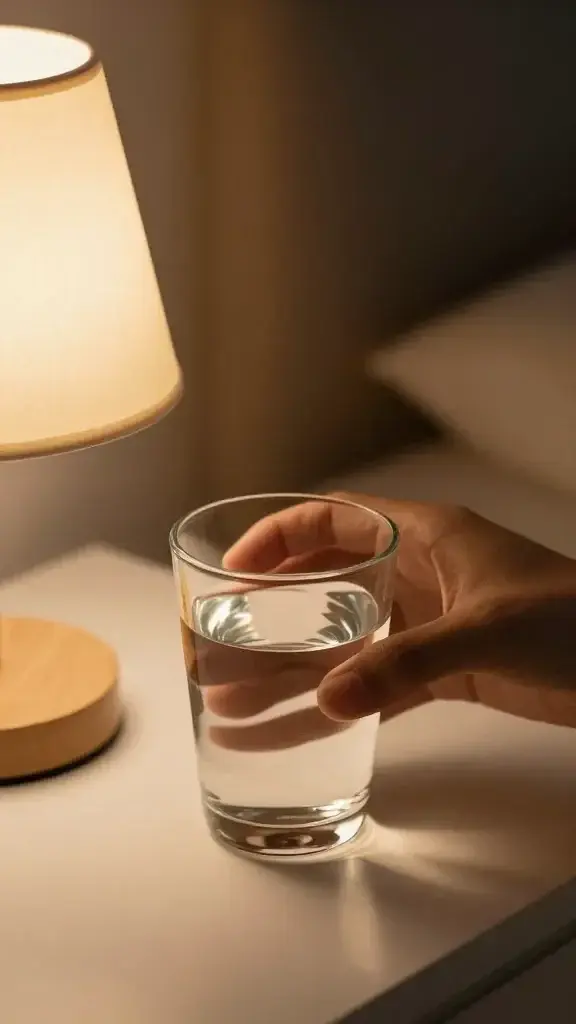 Closeup of a person placing a single glass of water beside a bedtime lamp