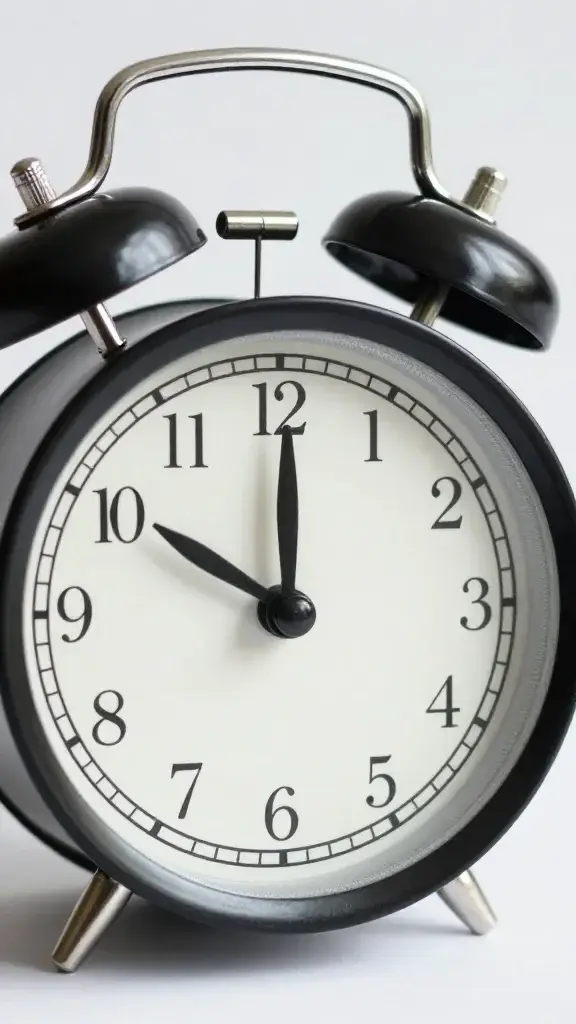 close-up of a single bedside alarm clock showing 10:10