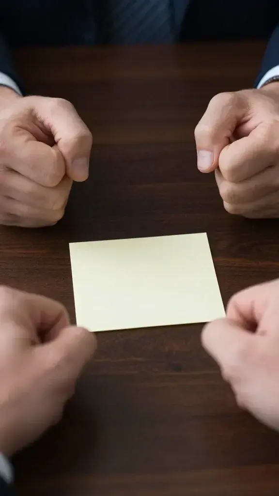 Closeup of clenched fists on a desk with a single unsure note